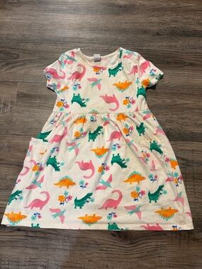 Old Navy Cream Short Sleeve Dress with Pink, Green & Orange Dinosaurs